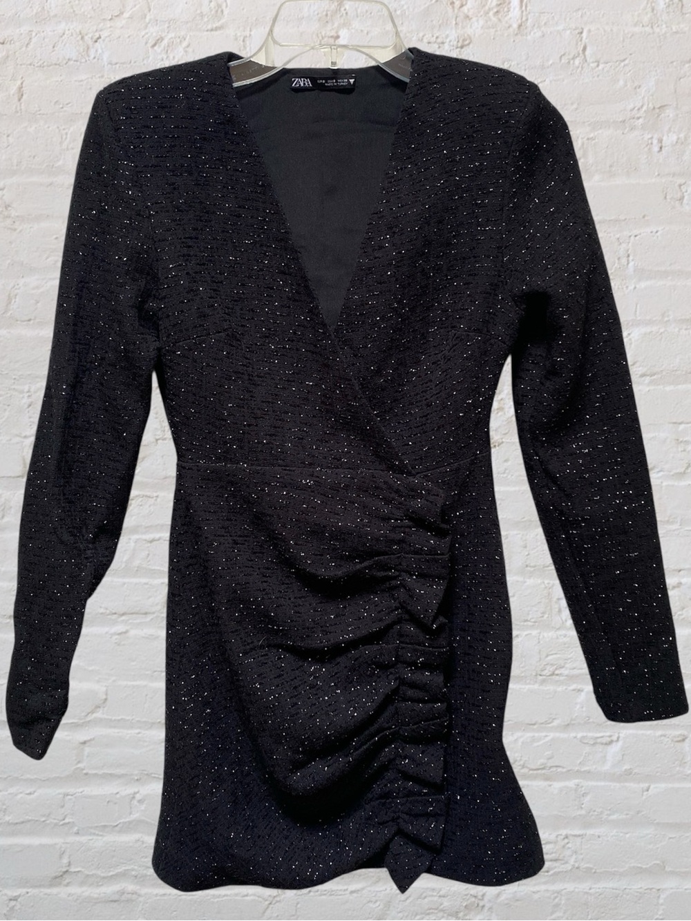 Zara Textured Tweed Weave Blazer Ruched Faux Wrap Mini Dress Black Sz Small EUC